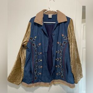 Parsley & Sage- Blue and Tan Embroidered Jean Jacket- vintage Size 1X |Winter